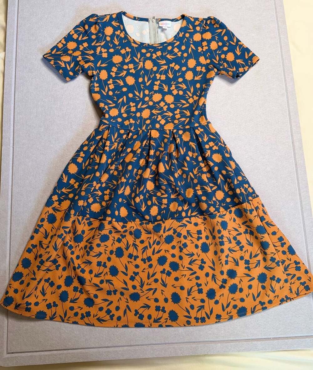 LuLaRoe Amelia Women’s Medium Blue Orange Floral Fit & Flare Dress Pockets